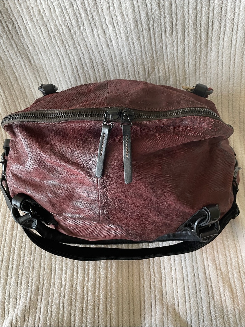 A.S.98 Distressed Burgundy Large Leather Bag with Black Accents